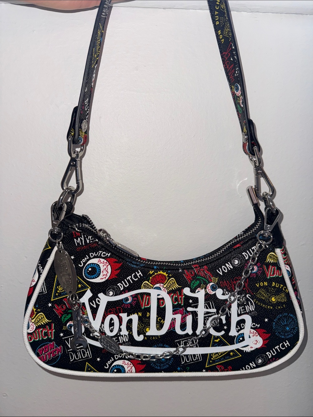 Like NEW Von Dutch Black Multicolor Graphic Shoulder Bag